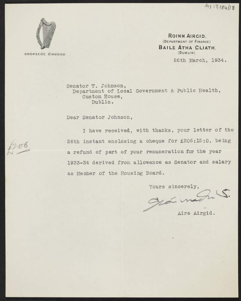 Letter from Seán McEntee to Thomas Johnson thanking him for his letter and refunding part of the remuneration paid to him for the year 1933-34,