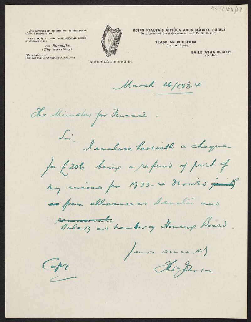 Copy letter from Thomas Johnson to Seán McEntee enclosing nonextant cheque to refund part of the remuneration paid to him for the year 1933-34,