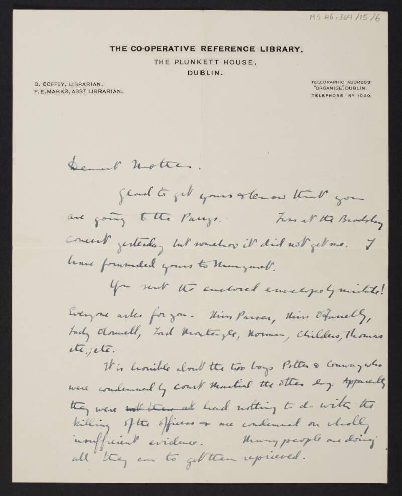 Letter from Diarmid Coffey, Dublin, to Jane Coffey regarding the War of Independence,