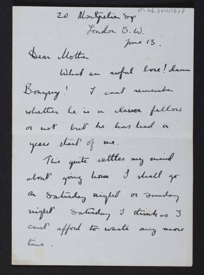 Letter from Diarmid Coffey, London, to Jane Coffey telling her his news from London,