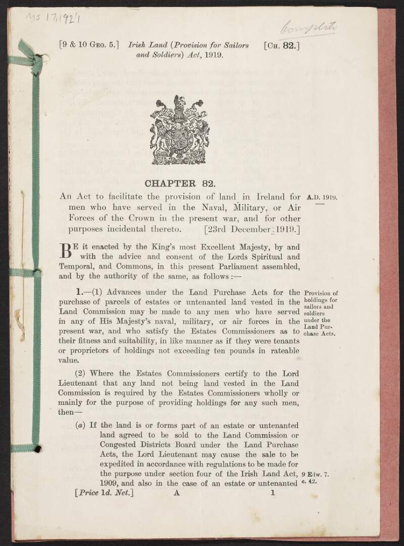 Acts and Orders by the Irish Sailors and Soldiers Land Trust,