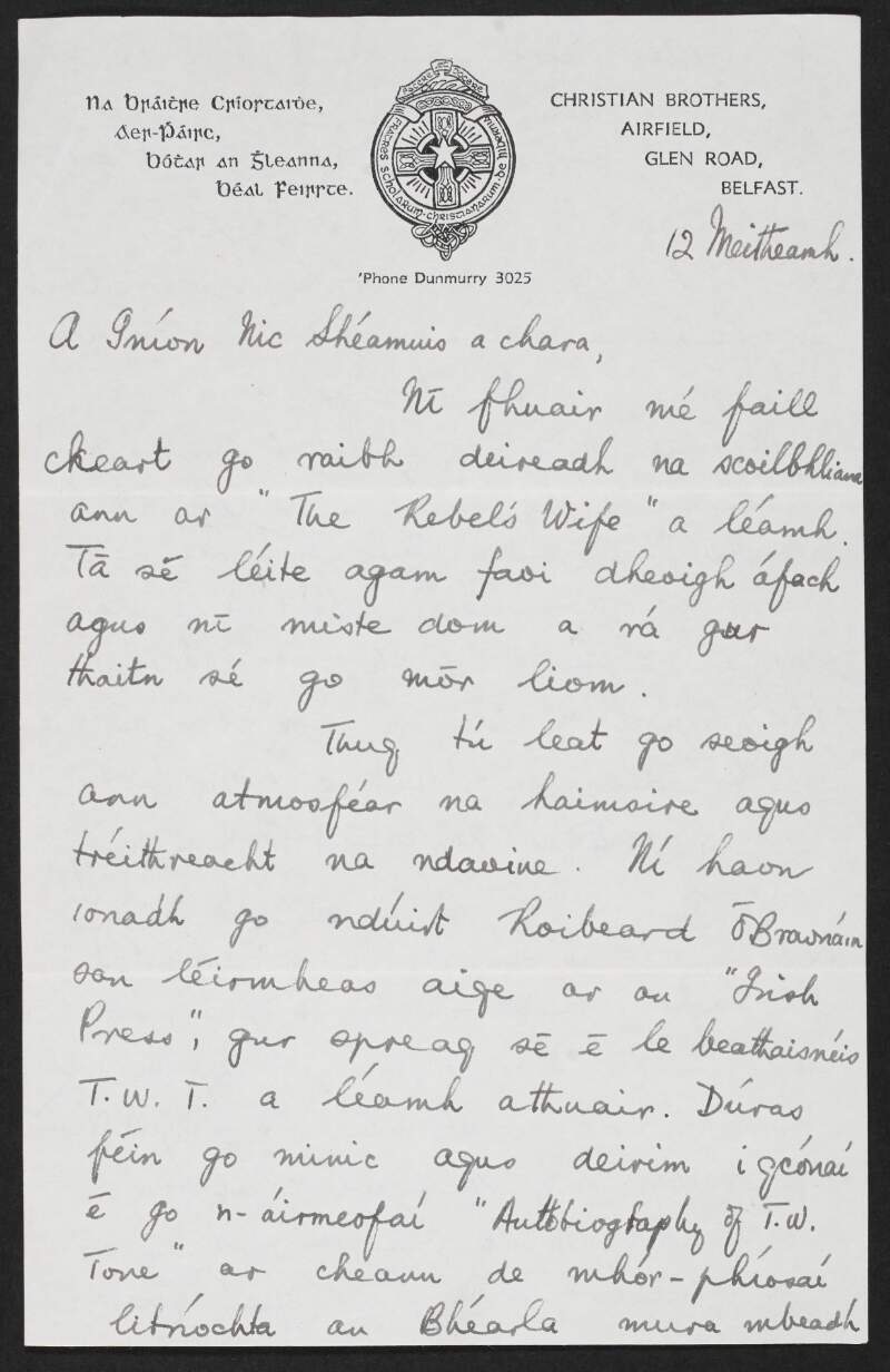Letter from Séamus N. MacGiolla Easpaig, Christian Brothers, Airfield, Glen Road, Belfast, to Rosamond Jacob regarding Jacob's book 'The Rebel's Wife',