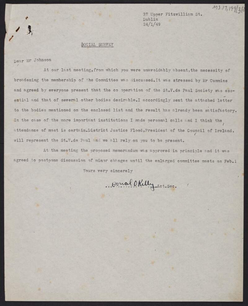 Letter from Donal O'Kelly, Mount Street Club Society, to Thomas Johnson regarding a meeting Johnson missed and enclosing invitation sent to various bodies to participate in a committee,