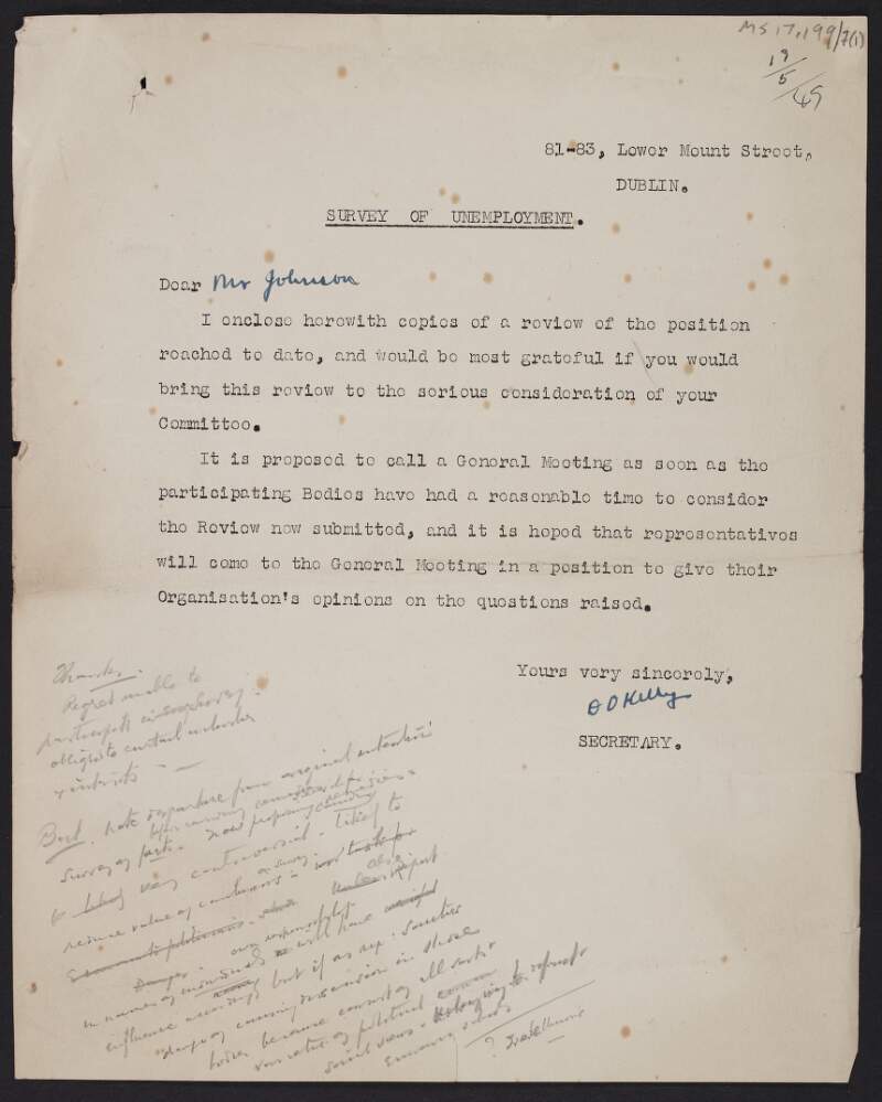 Letter from Donal O'Kelly to Thomas Johnson enclosing copies of a review of the position reached by the Mount Street Club Society on their survey of unemployment,