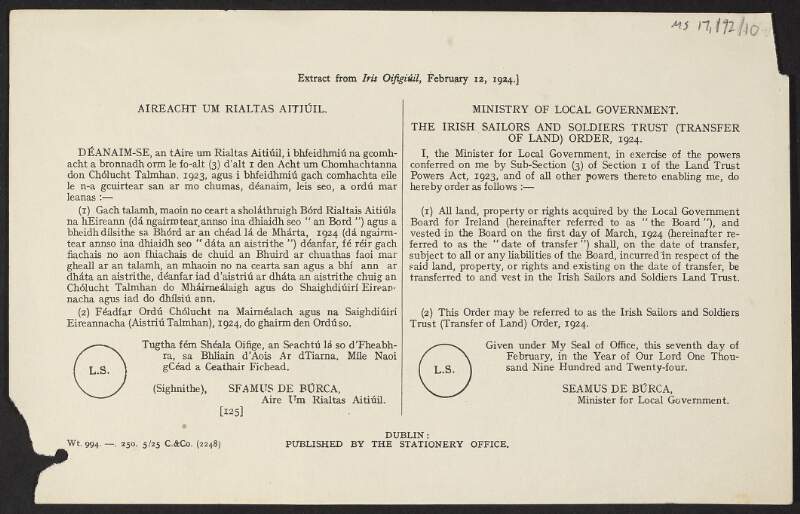 Copy of the Irish Sailors and Soldiers Trust (Transfer of Land) Order, 1924,