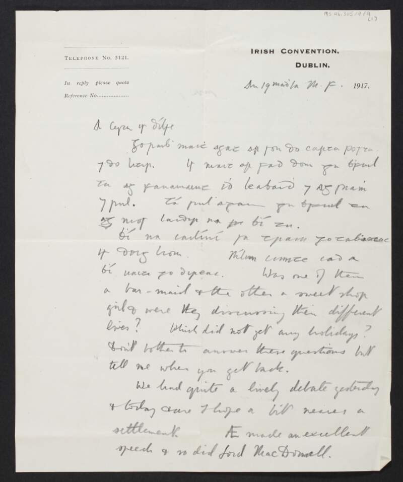 Letter from Diarmid Coffey, Dublin, to Cesca Chenevix Trench regarding the Irish Convention in Dublin,