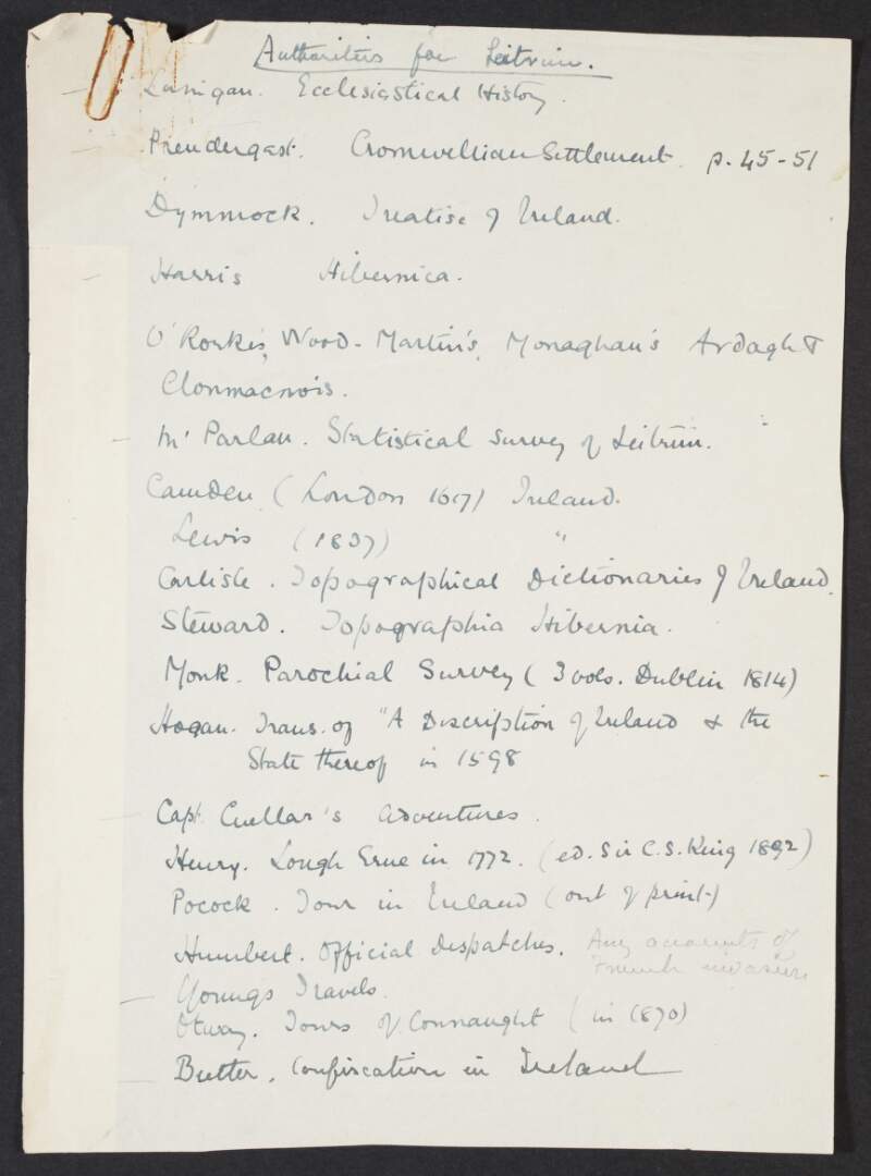 Notes titled "authorities of Leitrim",