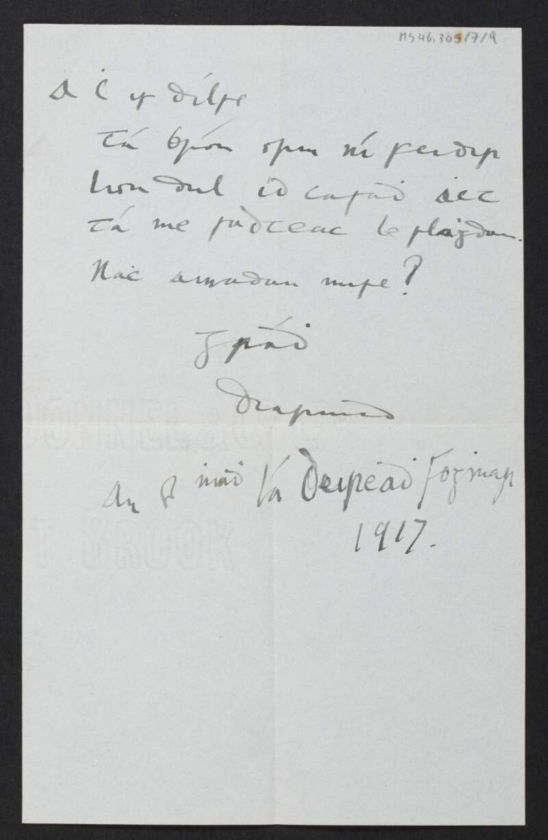 Letter from Diarmid Coffey, to Cesca Chenevix Trench apologising that he cannot see her today as he has the flu,
