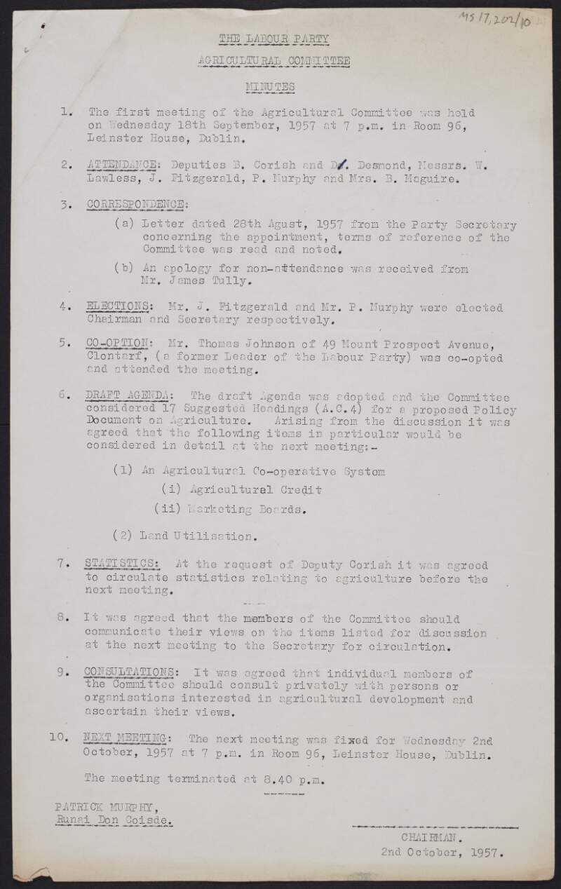 Copy minutes by Patrick Murphy for the first meeting of the Labour Party Agricultural Committee held on 18th September 1957,