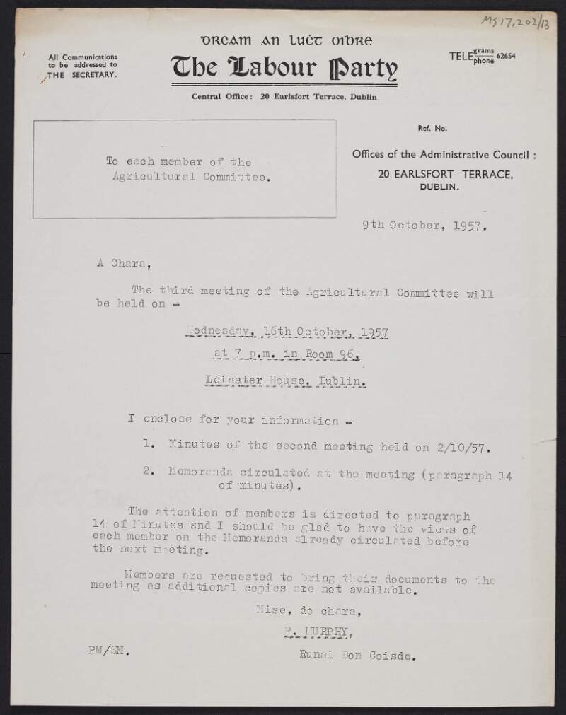 Copy memorandum from Patrick Murphy to each member of the Agricultural Committee arranging the third meeting of the Committee,