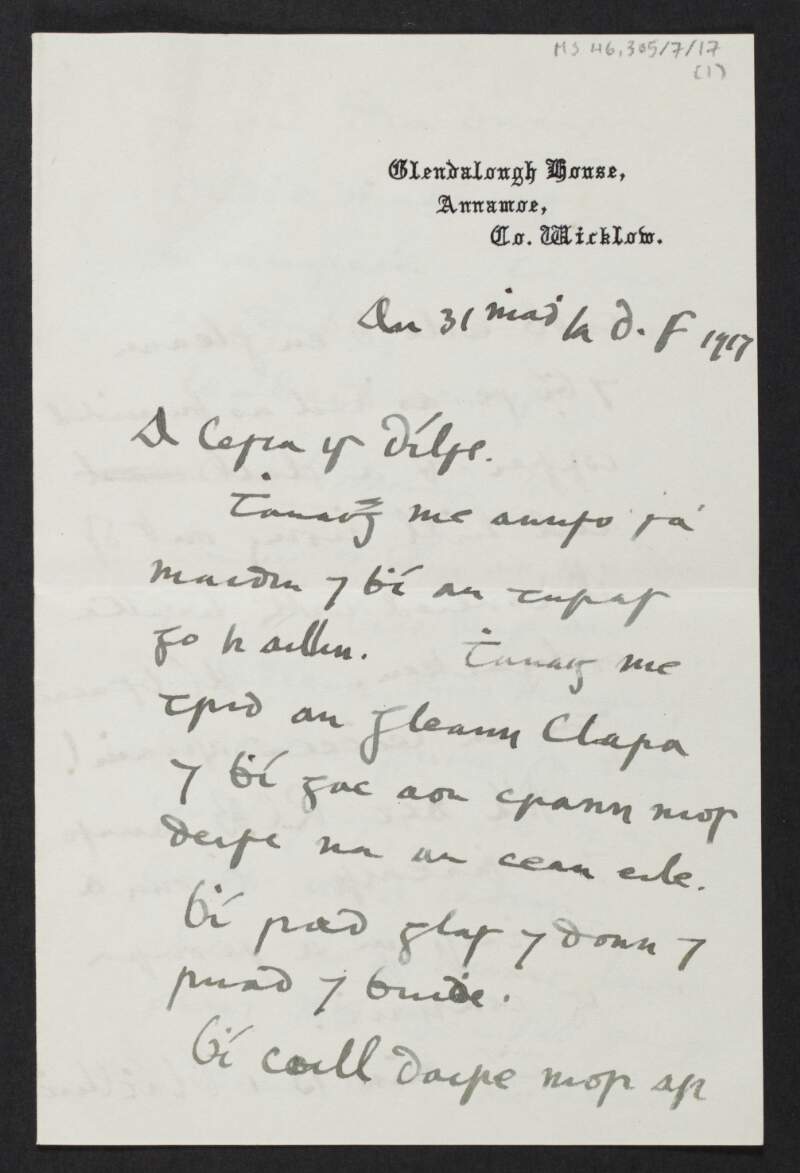 Letter from Diarmid Coffey, Wicklow, to Cesca Chenevix Trench regarding his journey to Wicklow,
