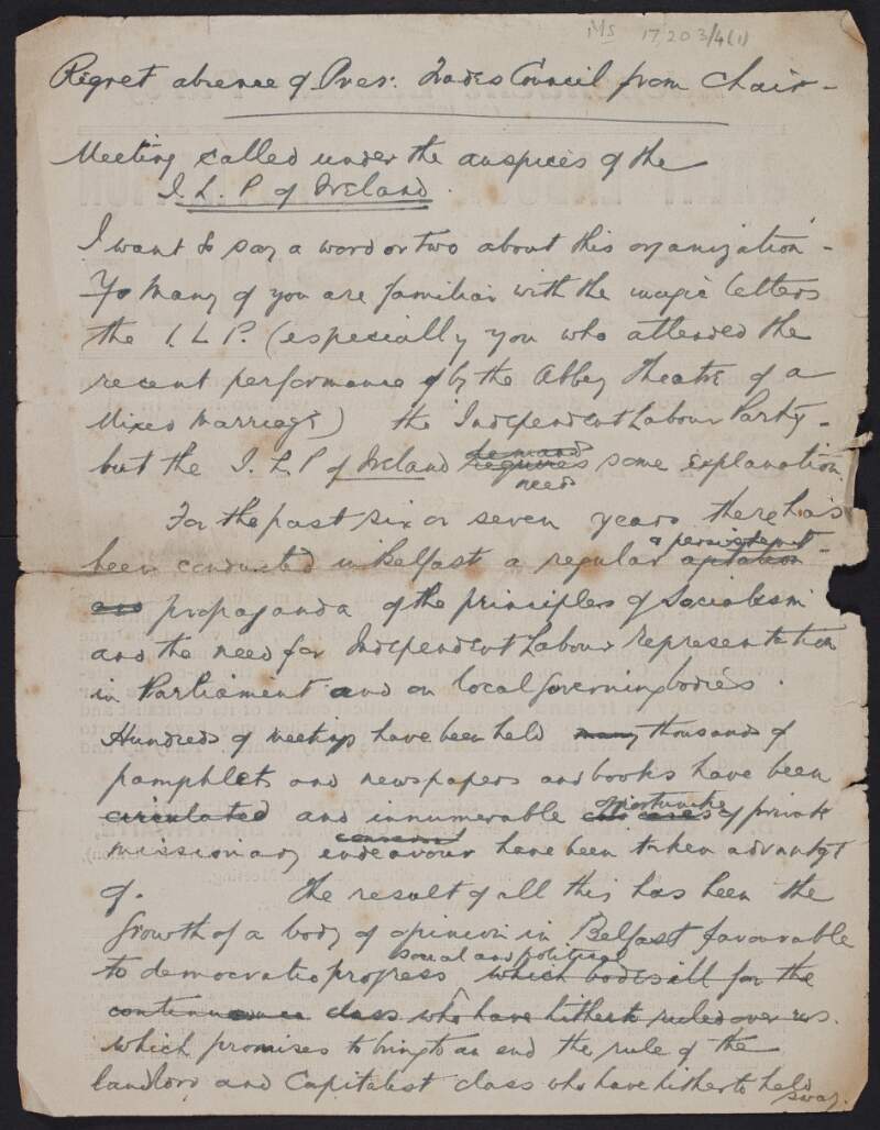 Draft manuscript speech by Thomas Johnson on behalf of the Independent Labour Party of Ireland regarding Home Rule,