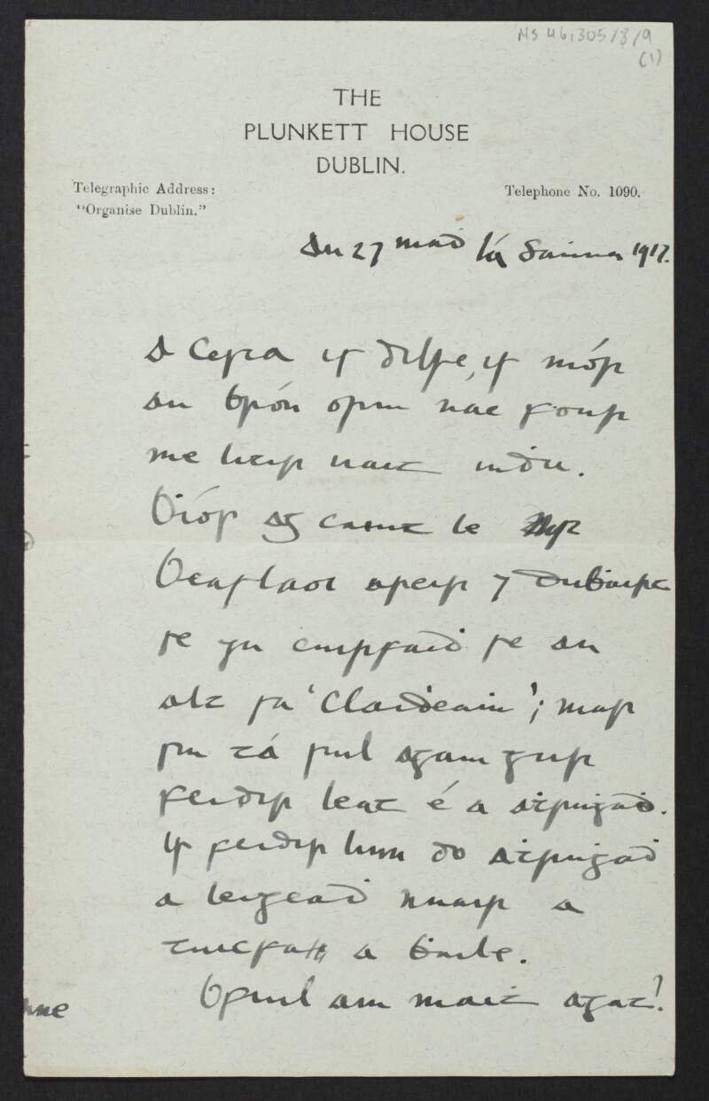 Letter from Diarmid Coffey, Dublin, to Cesca Chenevix Trench regarding 'An Claidheamh Soluis',