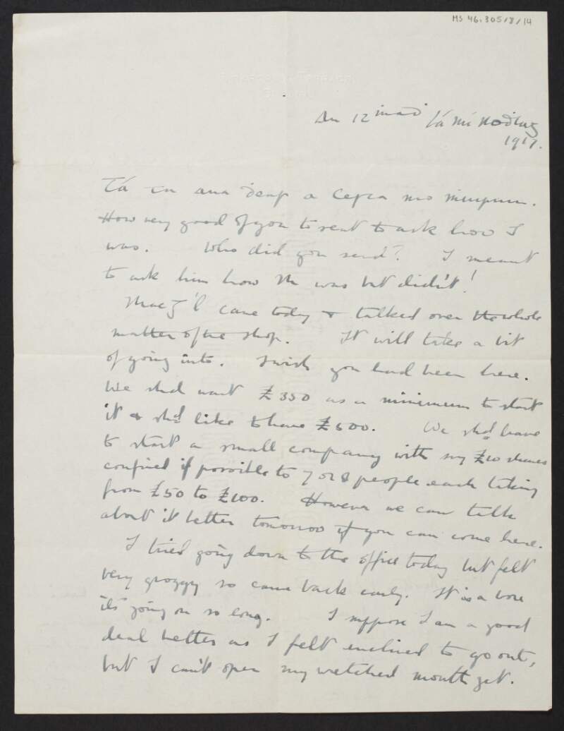Letter from Diarmid Coffey, Dublin, to Cesca Chenevix Trench regarding the Irish Bookshop,