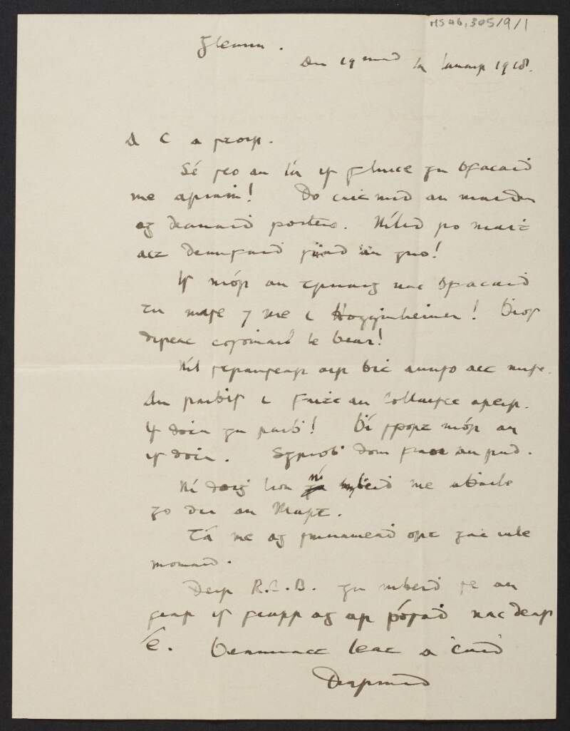 Letter from Diarmid Coffey, Wicklow, to Cesca Chenevix Trench regarding his work in Wicklow,