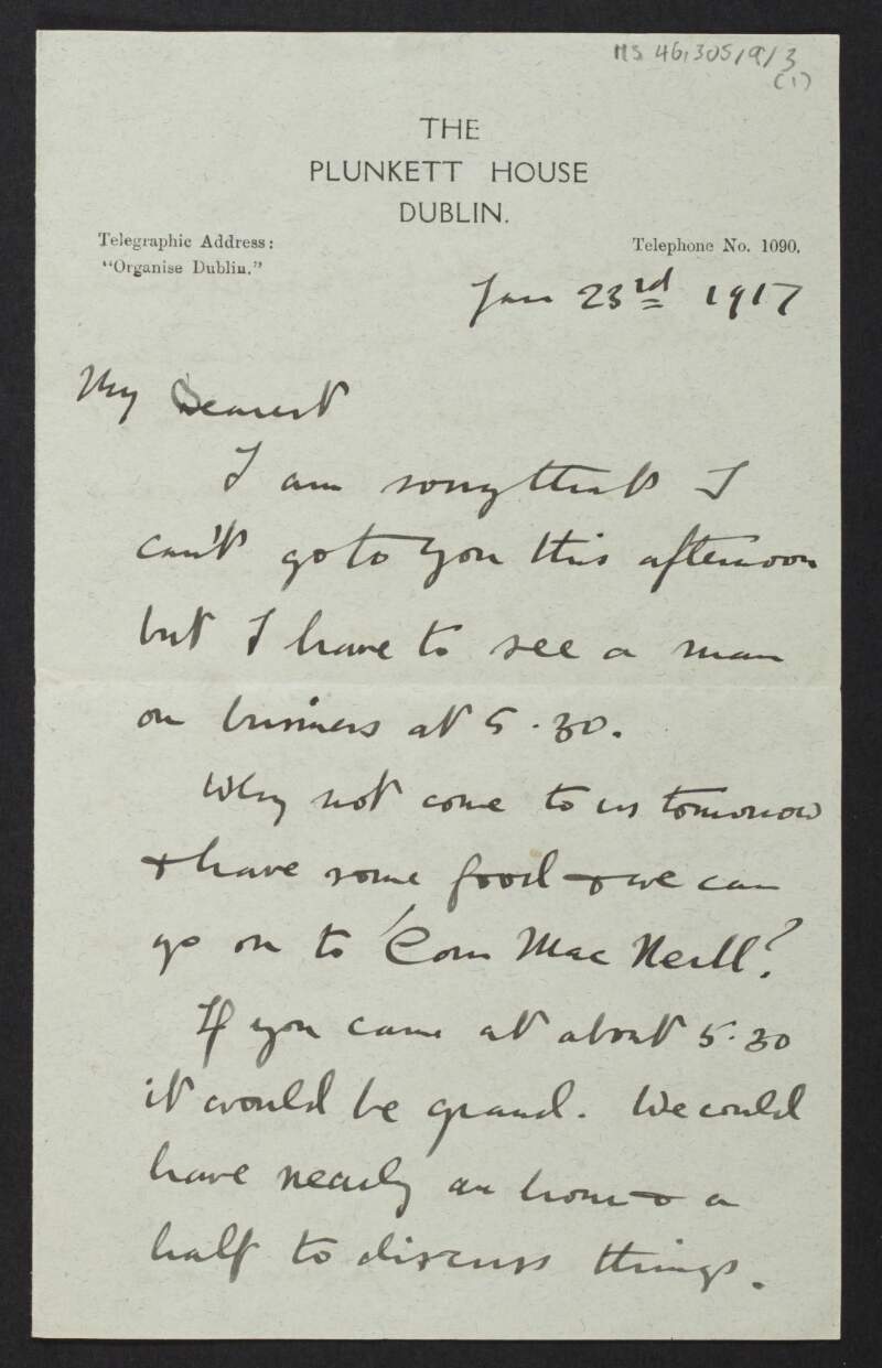 Letter from Diarmid Coffey, Dublin, to Cesca Chenevix Trench arranging to meet her for food,