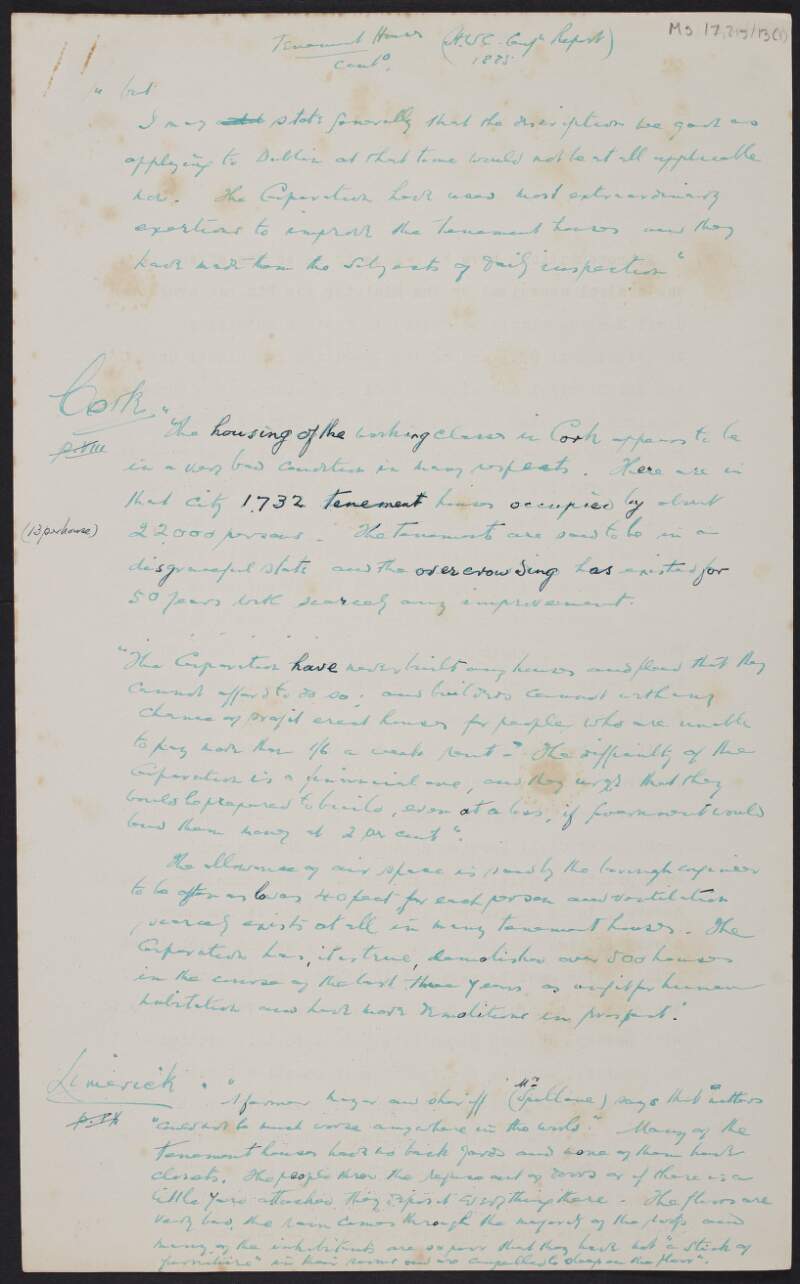Manuscript notes by Thomas Johnson regarding tenement housing in Ireland 1885,
