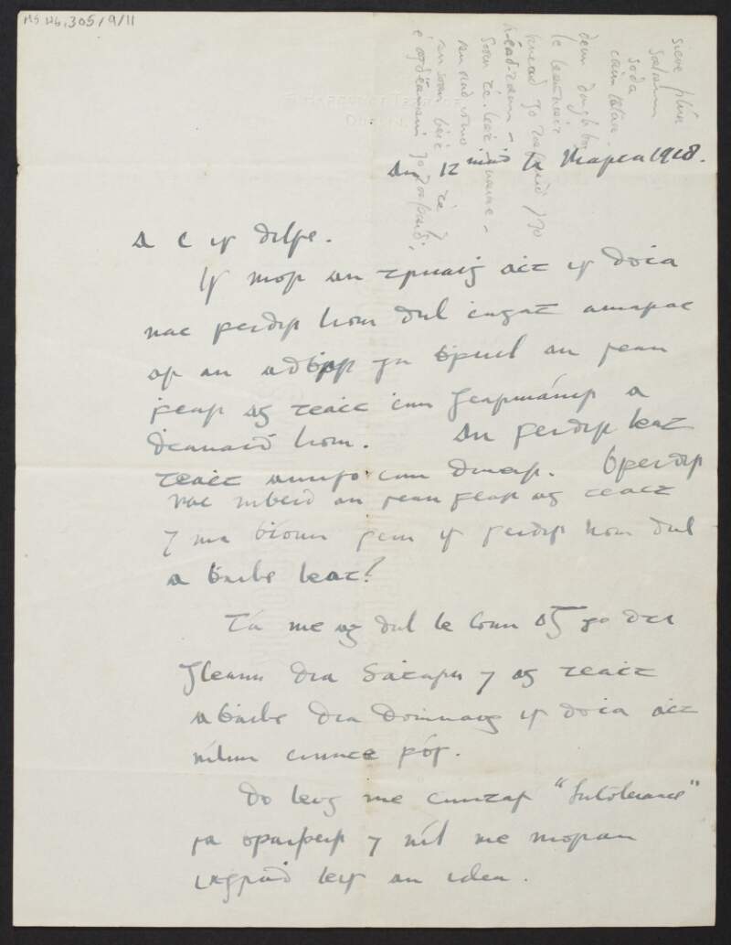 Letter from Diarmid Coffey, Dublin, to Cesca Chenevix Trench regarding his upcoming trip to Wicklow,