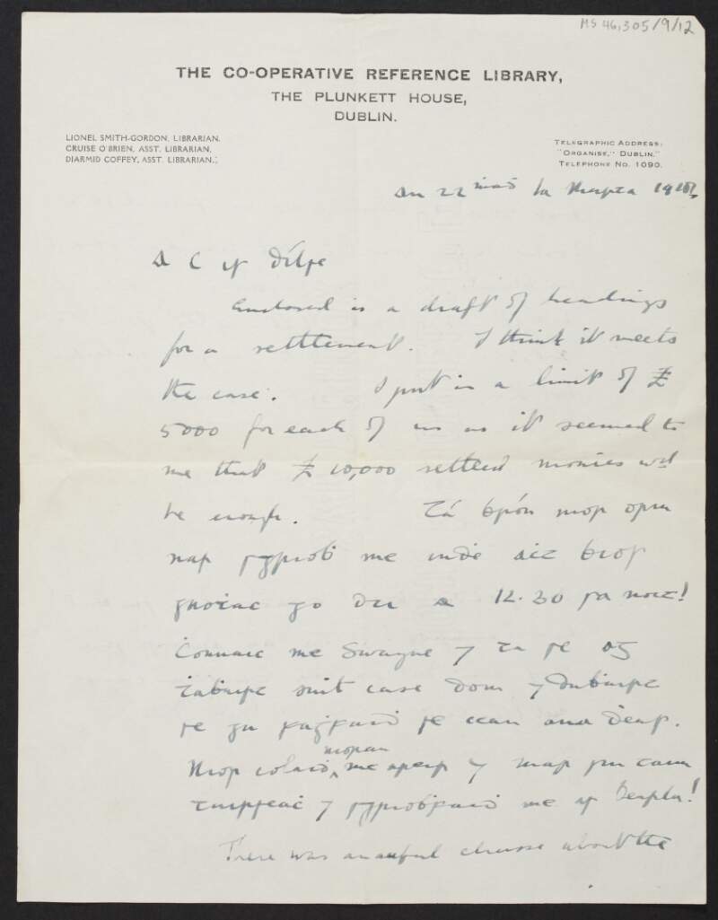 Letter from Diarmid Coffey, Dublin, to Cesca Chenevix Trench regarding the Irish Bookshop,