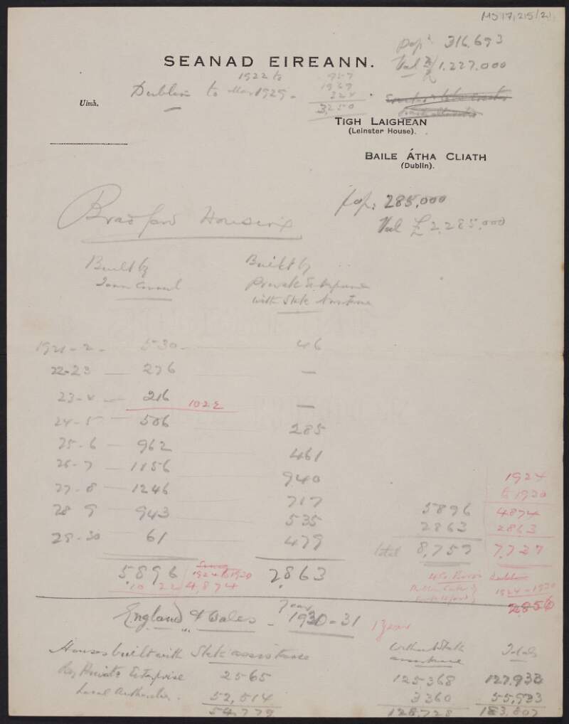 Manuscript notes by Thomas Johnson regarding houses built between 1921 and 1930,