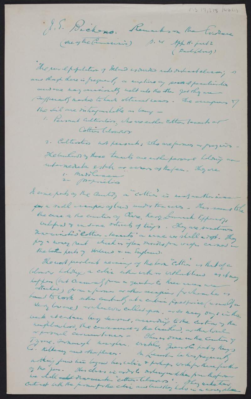 Manuscript note by Thomas Johnson regarding a report on the rural population of Ireland,