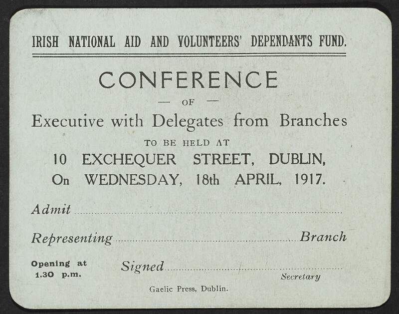 Ticket for conference for the Executive and Delegates from branches of the INAAVD,