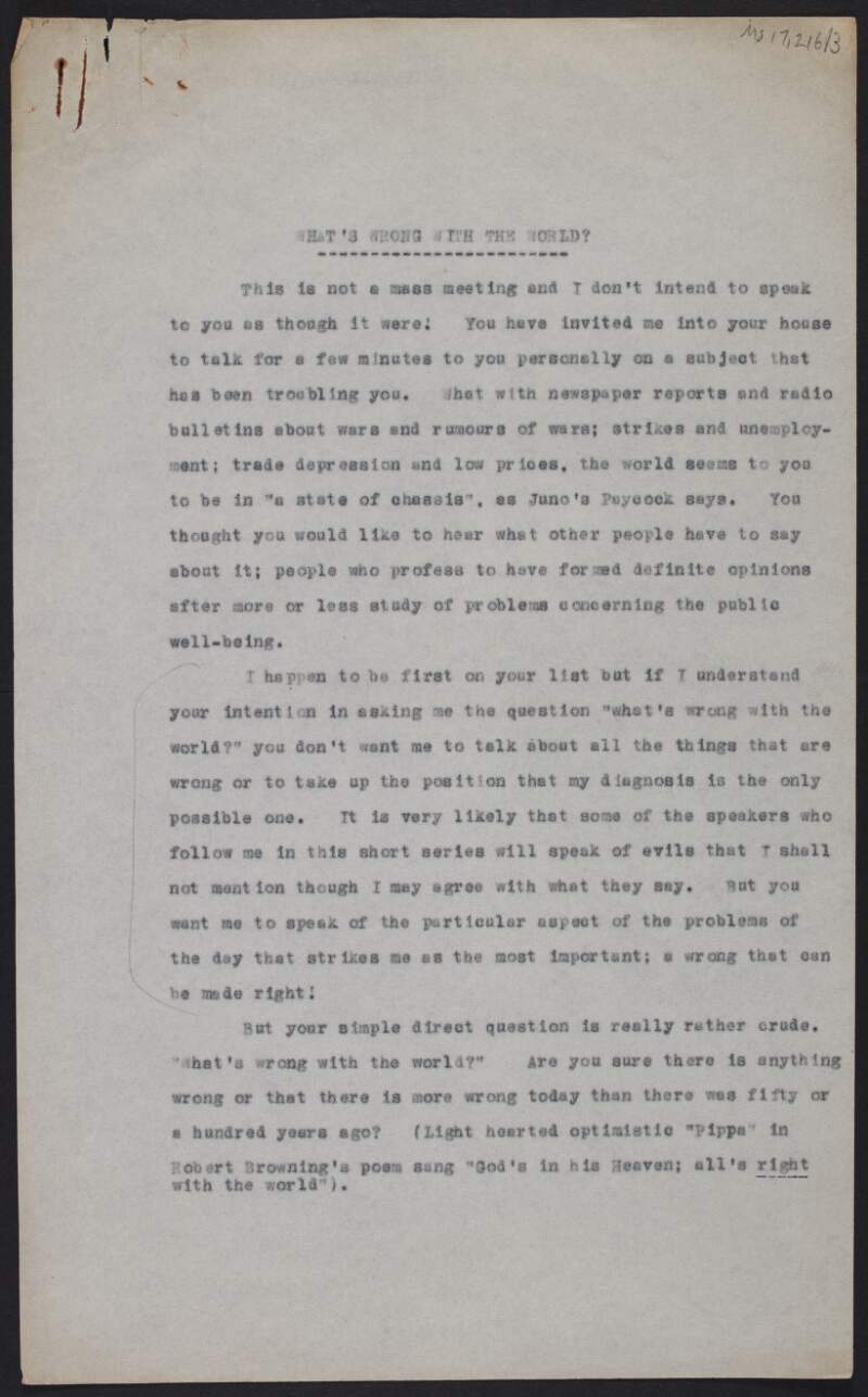 Draft script for a radio talk by Thomas Johnson titled "What's wrong with the world?",