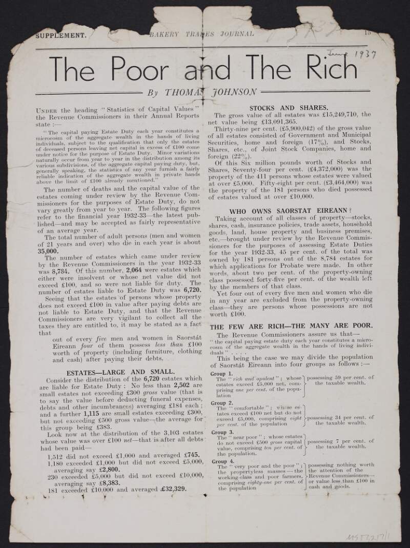 Article by Thomas Johnson titled "The Poor and the Rich", from 'Bakery Trades Journal',
