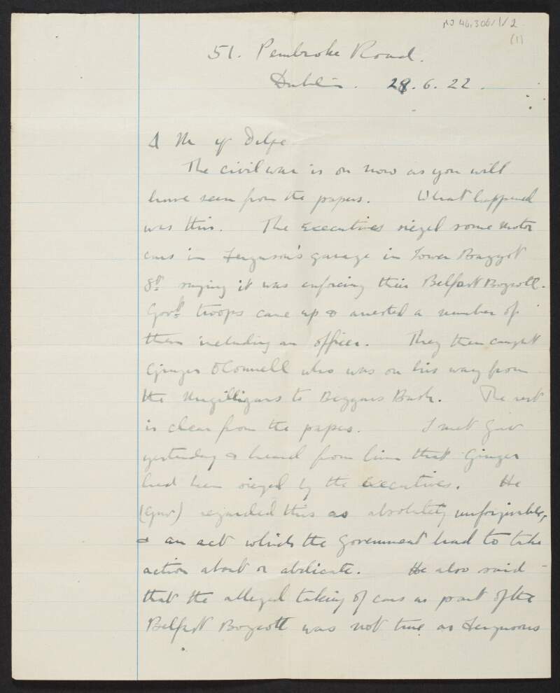 Letter from Diarmid Coffey, Dublin, to Margot Chenevix Trench regarding the Civil War,