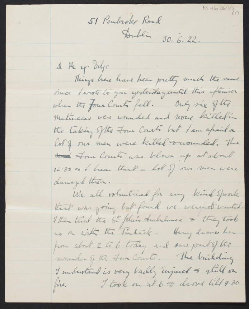 Letter from Diarmid Coffey, Dublin, to Margot Chenevix Trench regarding the Civil War,