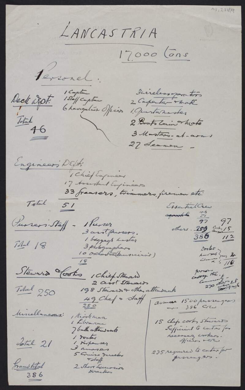 Notes by Thomas Johnson regarding personnel numbers on the 'Lancastria',