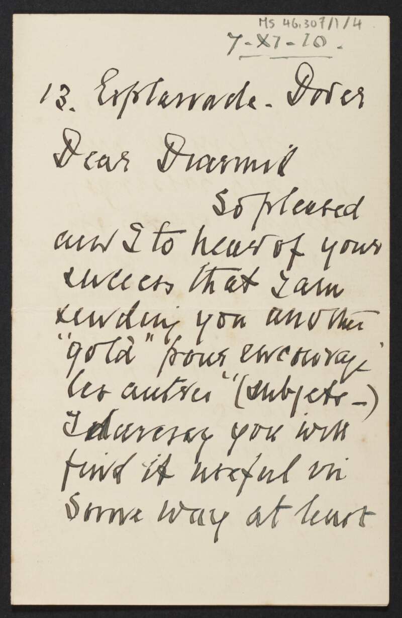 Letter from unidentified person to Diarmid Coffey congratulating him on his gold medal at Trinity College,