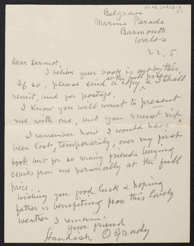 Letter from Standish O'Grady, Wales, to Diarmid Coffey, regarding Diarmid's book,