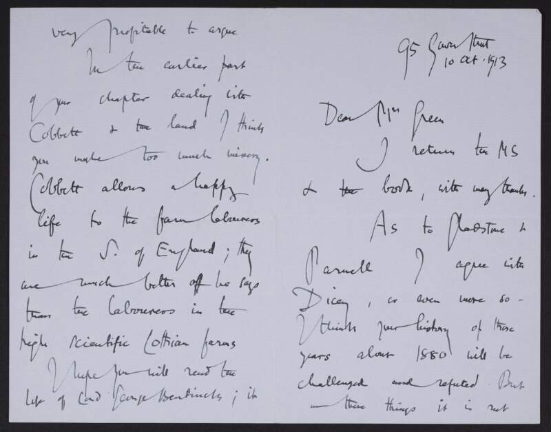 Letter from unidentified person to Alice Stopford Green offering opinions on Green's manuscript,