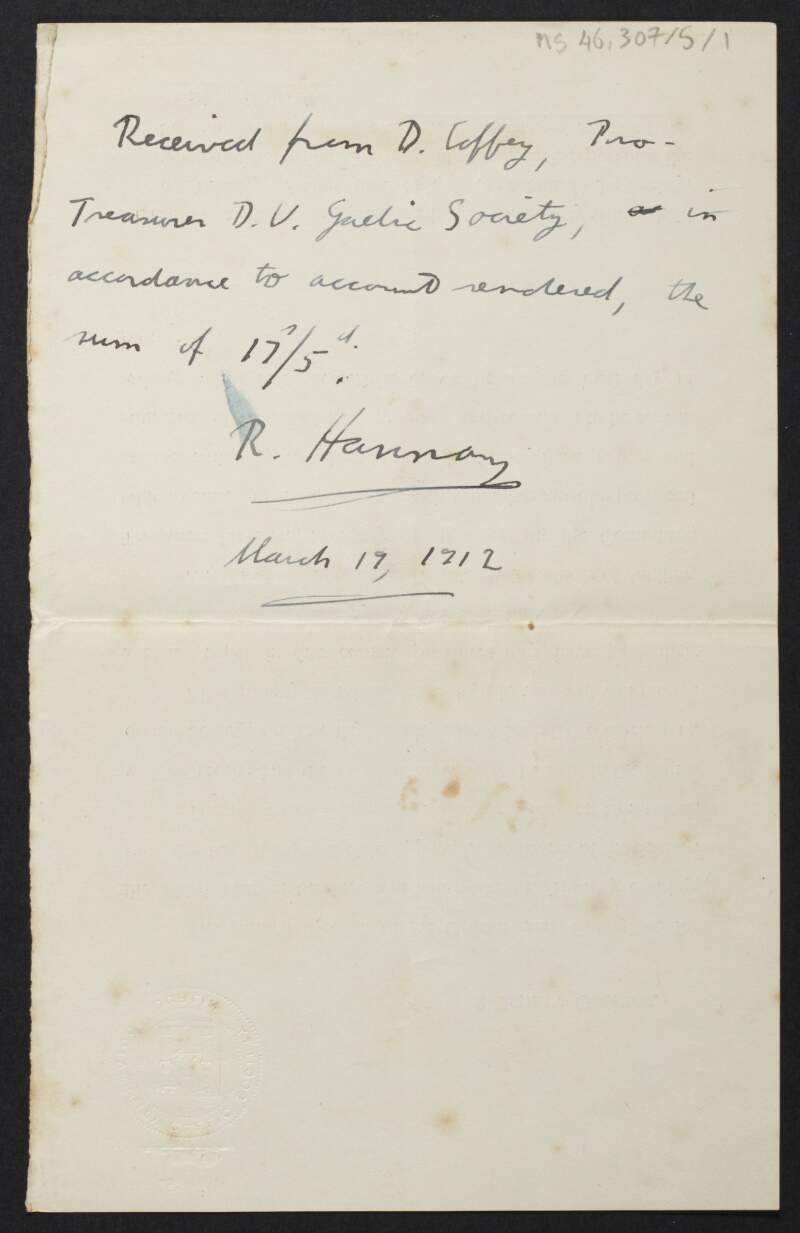 Receipt of payment from Robert Hannay to Diarmid Coffey, Treasurer of the Dublin University Gaelic Society,