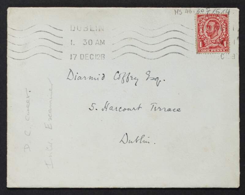 Empty envelope addressed to Diarmid Coffey Esq, 5. Harcourt Terrace, Dublin,