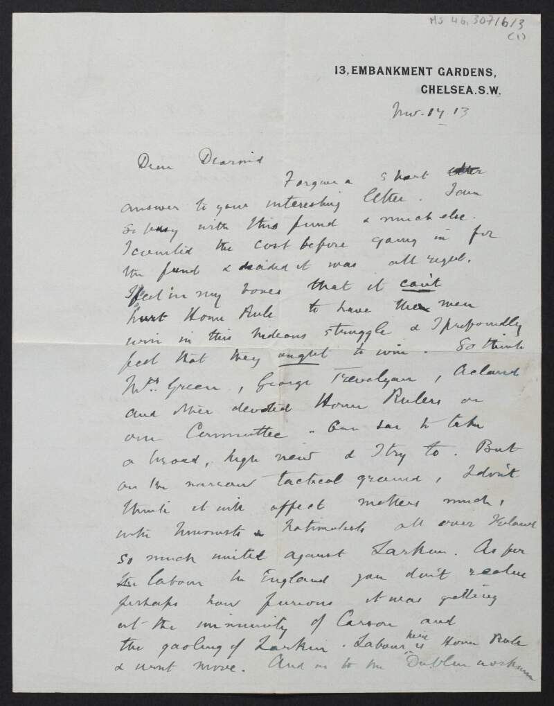 Letter from Erskine Childers, England, to Diarmid Coffey regarding Home Rule,
