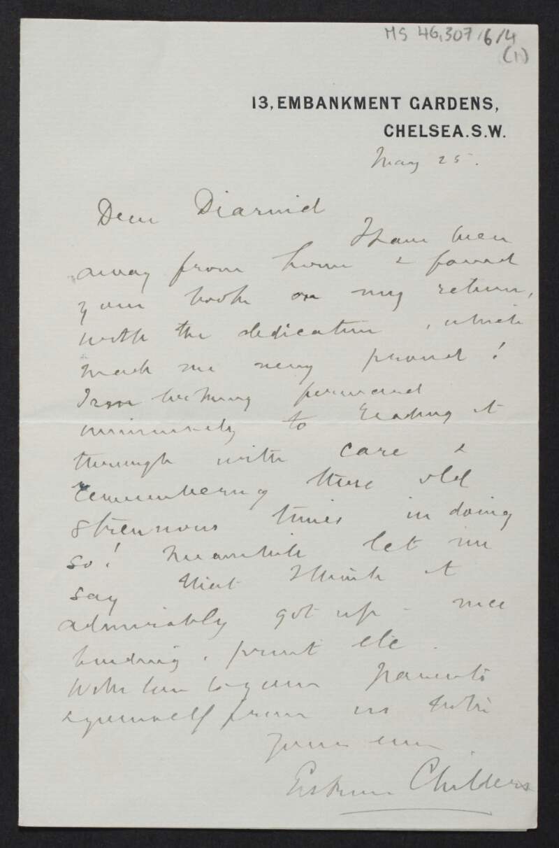 Letter from Erskine Childers, England, to Diarmid Coffey regarding Diarmid's book,