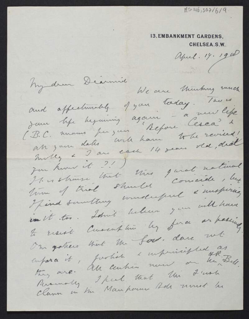 Letter from Erskine Childers, England, to Diarmid Coffey regarding his relationship and Home Rule,