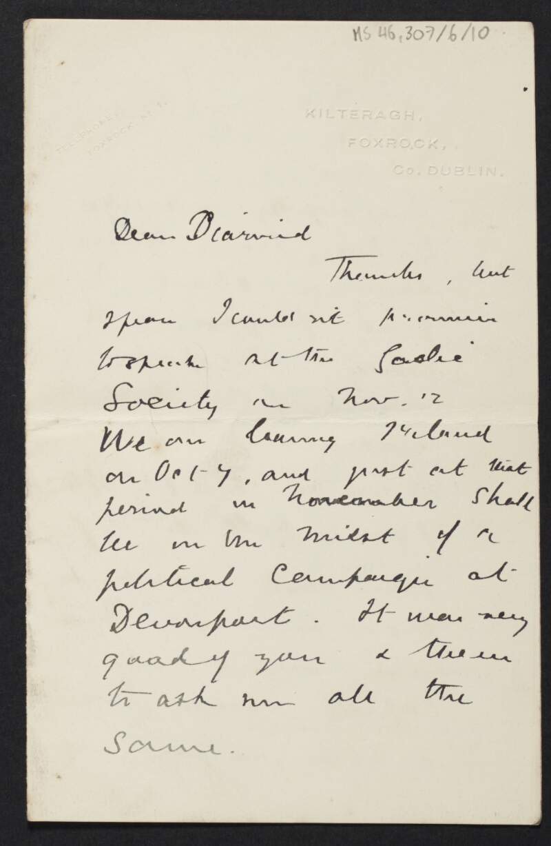 Letter from Erskine Childers, Dublin, to Diarmid Coffey regarding the Gaelic Society,