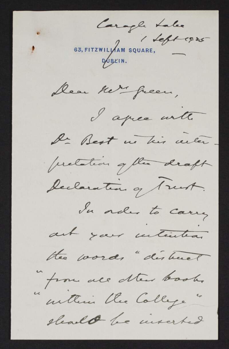 Letter from Samuel Lombard Brown to Alice Stopford Green regarding a declaration of trust,
