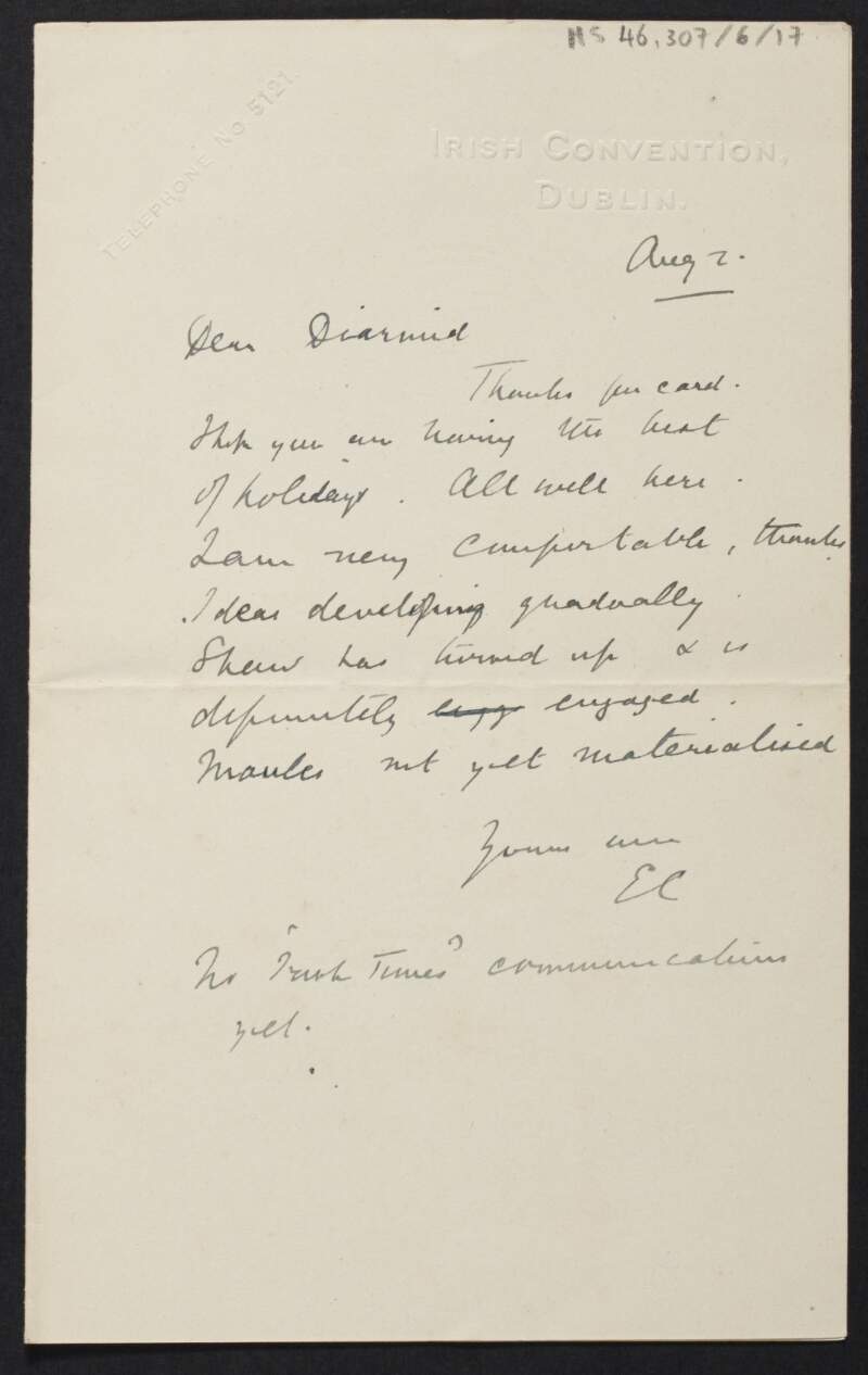 Letter from Erskine Childers, Dublin, to Diarmid Coffey regarding Diarmid's holiday,