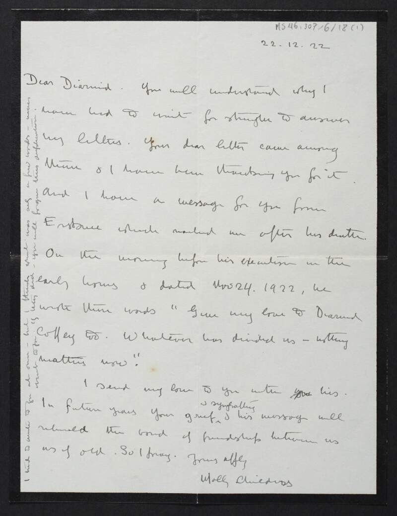 Letter from Molly Childers, to Diarmid Coffey regarding Erskine's execution,