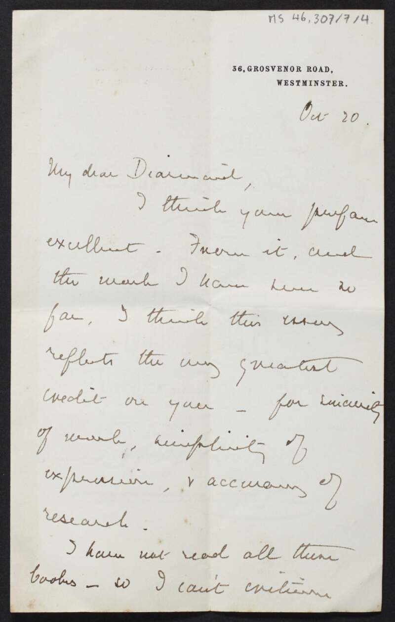 Letter from Alice Stopford Green, England, to Diarmid Coffey regarding his writing,