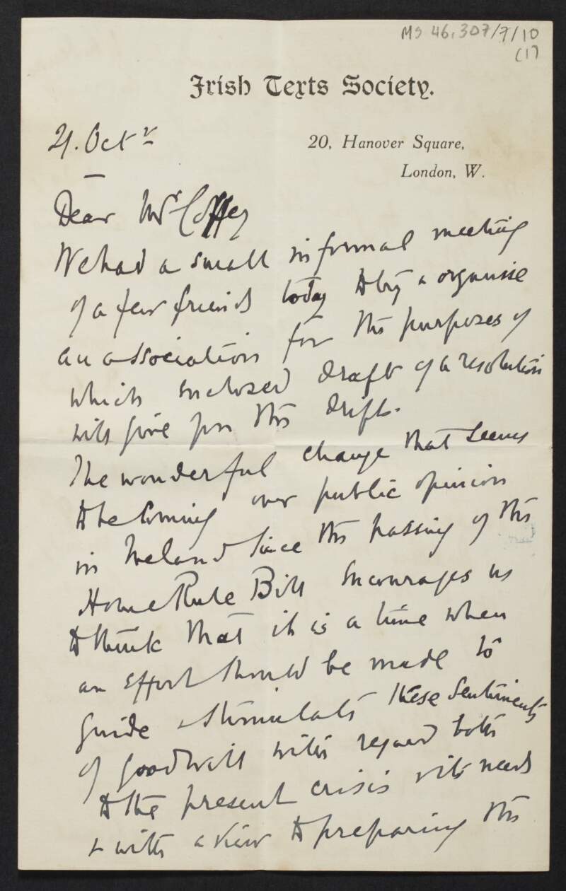 Letter from Eleanor Hull, England, to Diarmid Coffey regarding Home Rule and the Irish Volunteers,