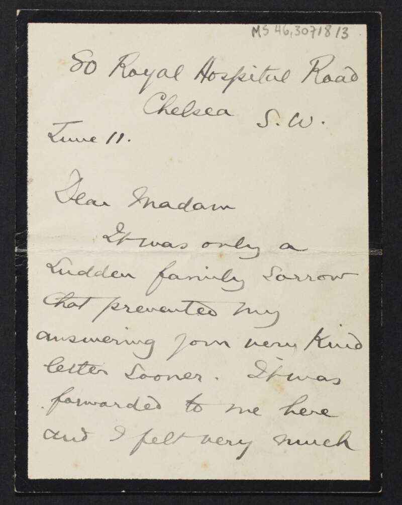 Letter from Susan L. Mitchell, England, to unidentified recipient regarding a death in the family,