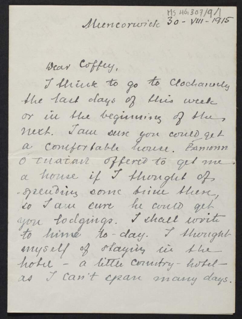 Letter from Alf Sommerfelt, Donegal, to Diarmid Coffey regarding his stay in Donegal,