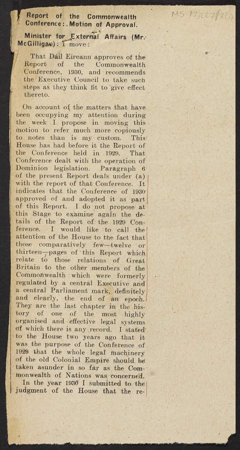 Copy address by Patrick McGilligan, Minister for External Affairs, in the Report of the Commonwealth Conference, with manuscript notes,