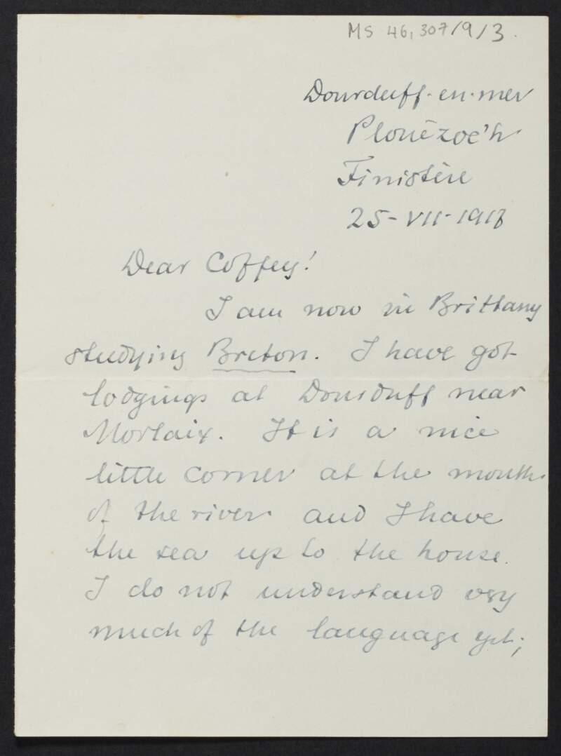 Letter from Alf Sommerfelt, France, to Diarmid Coffey regarding languages,