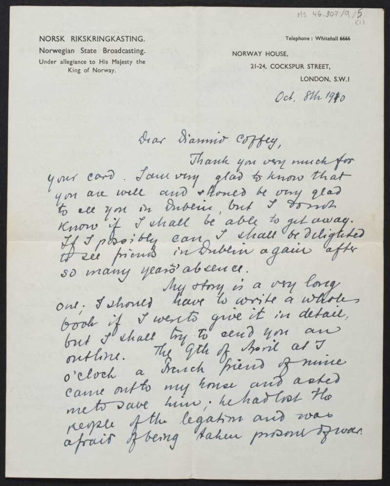 Letter from Alf Sommerfelt, England, to Diarmid Coffey regarding his exile from Norway and the Second World War,